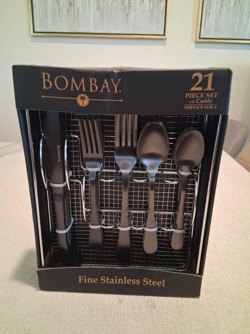 Service For Four 21 Piece Bombay Stainless Steel FlatwareSet With Caddy (New)